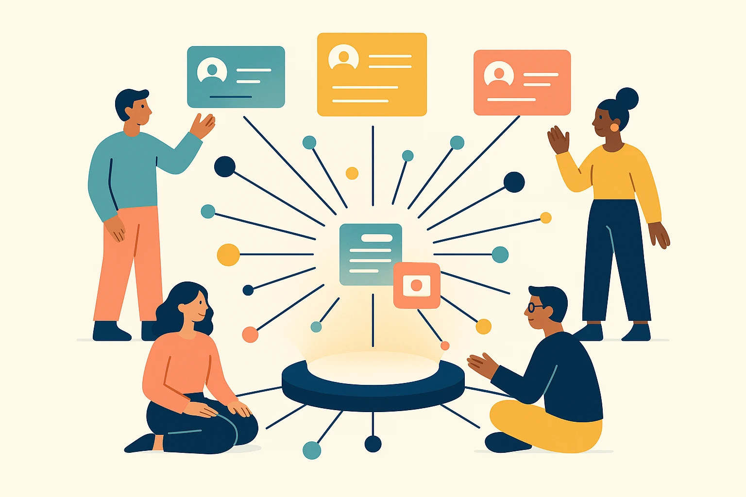 A warm community gathered around a glowing center