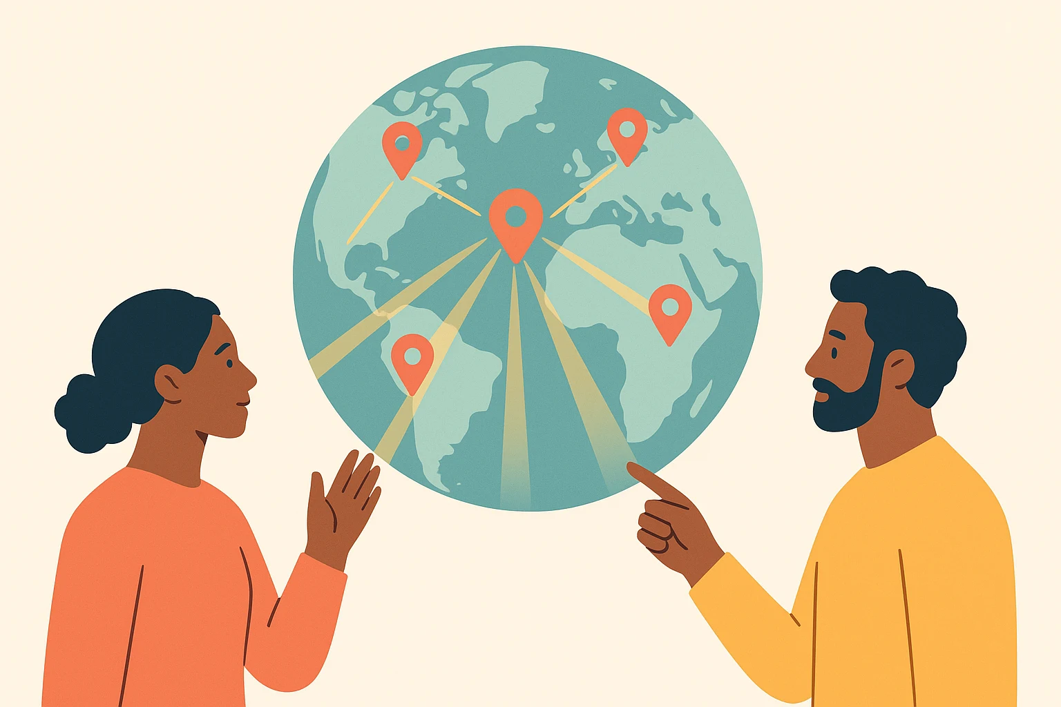 People reaching toward a glowing globe of the world